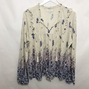 Lucky Brand Floral Cotton Blend Long Sleeve Top L Ruffle Detail Tassel Tie